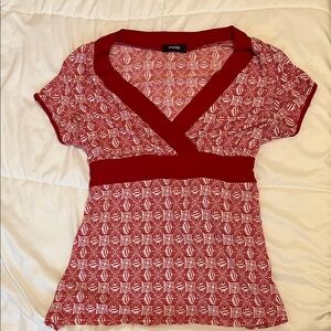 Ripe Red Patterned Wrap-Style Short Sleeve Top